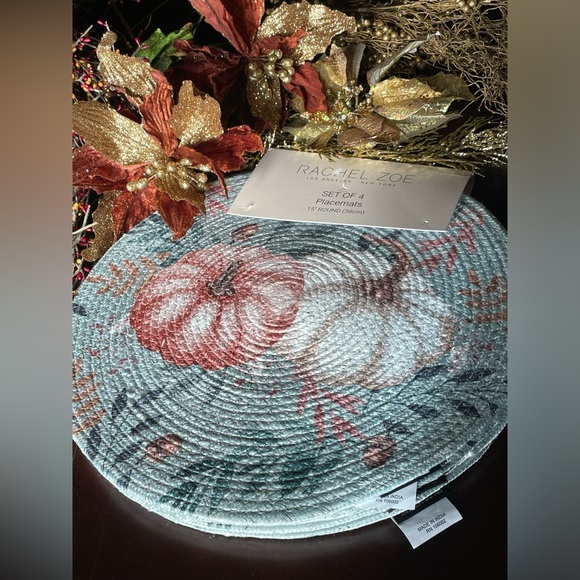 RACHEL ZOE NWT Fall Autumn Thanksgiving Pumpkin Set Of 4 15” Round Placemats - Picture 1 of 11